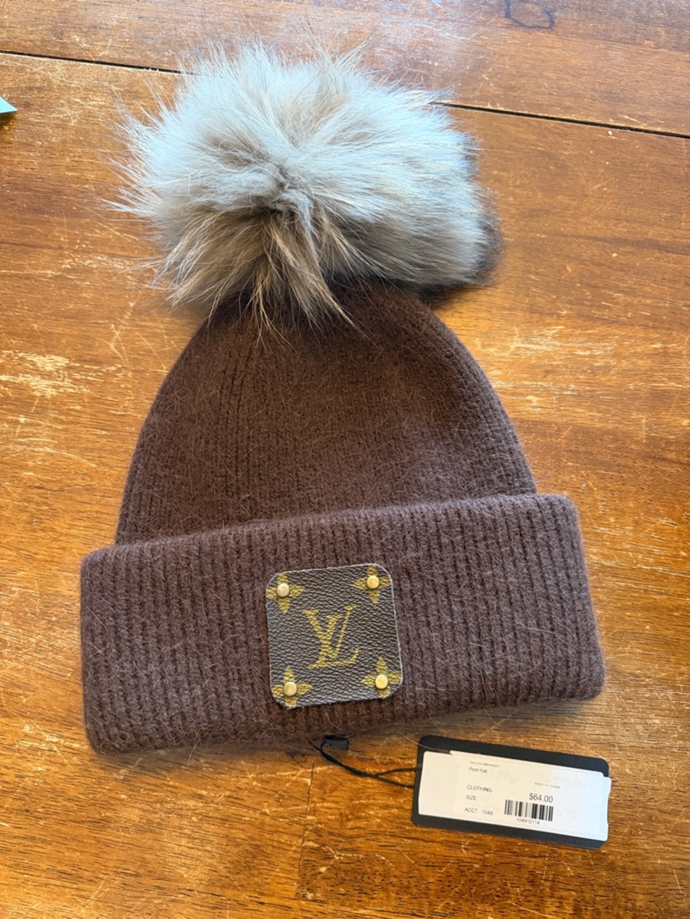 Monogram Brown Angora Hat With Raccoon Pom Pom